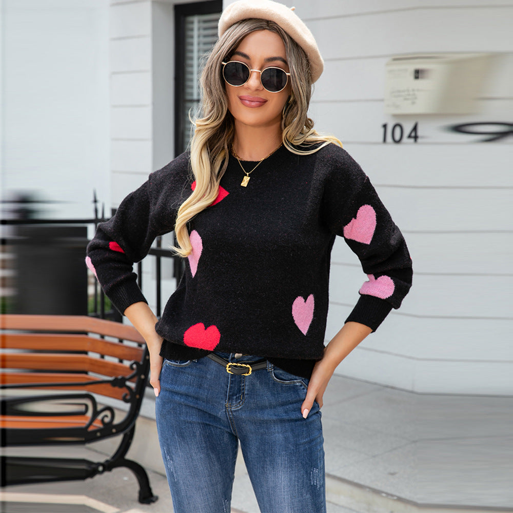 Autumn And Winter New Peach Heart Sweater Round Neck Knitted Pullover