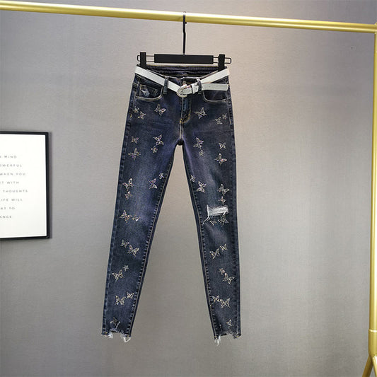 High Waist Slim Slimming Butterfly Hot Rhinestone Cotton Elastic Feet Pencil Pants