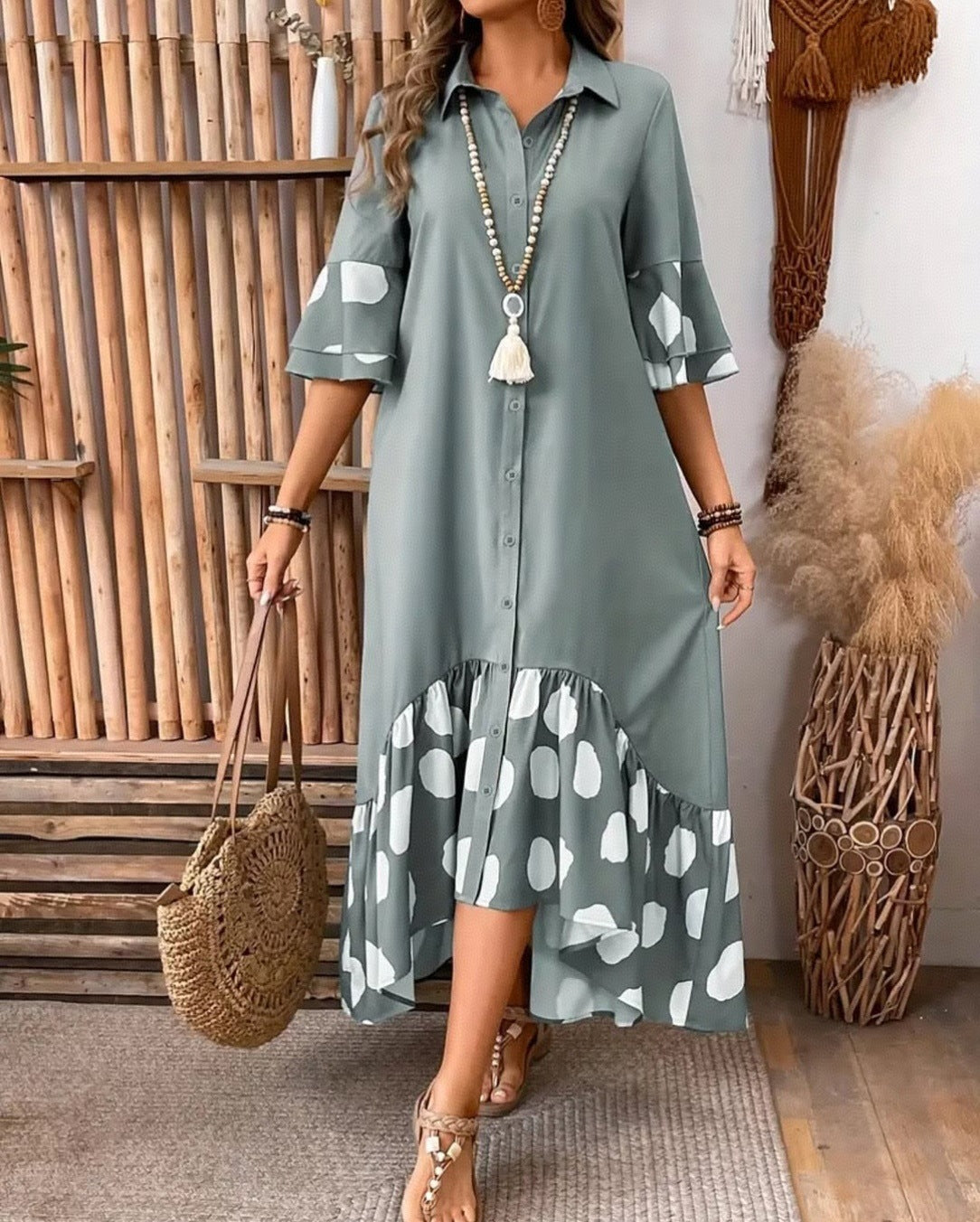 Fashionable Casual Patchwork Polka-Dot Long Shirt Dress For Women