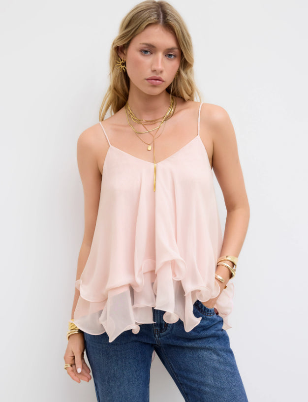 Mesh Camisole Short Top With Laminated Ruffles