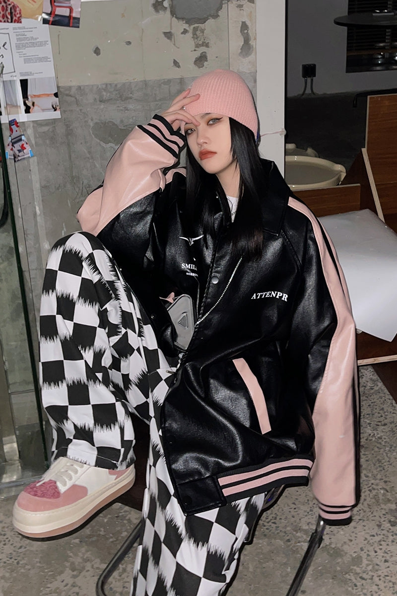 Trendy Retro Pu Leather Jacket Baseball Uniform Vintage Motorcycle