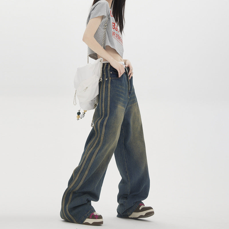 Vintage stribede vide straight jeans til kvinder