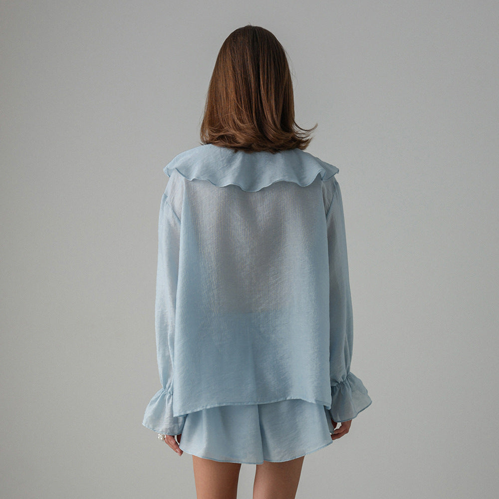 French-style V-neck Ruffled Shirt And Shorts Set
