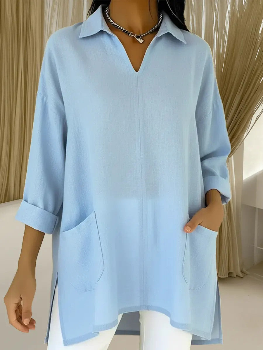 Womens Fashion Solid-color Pocket Shirt With A Loose-fitting Collar