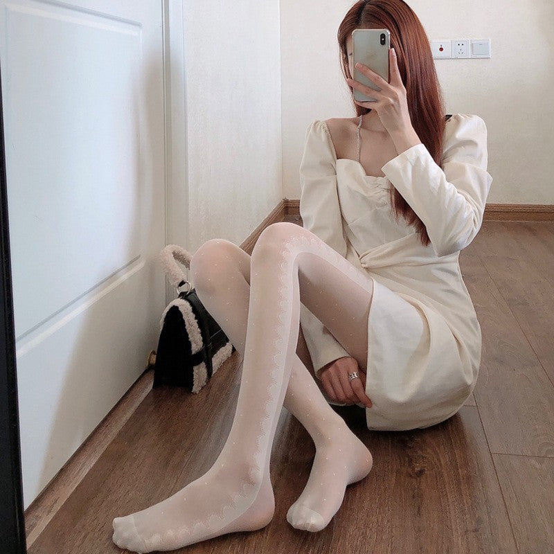 Jacquard Patterned Silk Stockings With Polka Dots And Heart Motifs Sexy Black Sheer Pantyhose