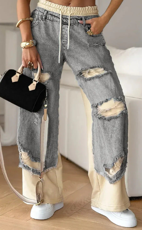 Ripped Double-layer Color Straight Jeans