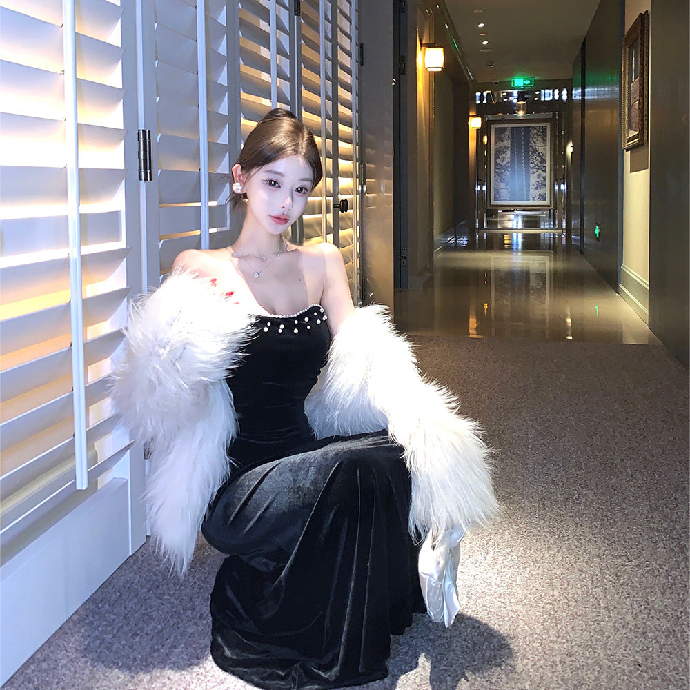 Luxury Celebrity-style Strapless Evening Gown Velvet Waist-Cinched Maxi Dress