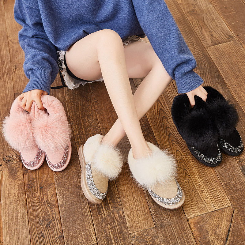 Fox Fur Shallow Mouth Short Boots New Snow Women