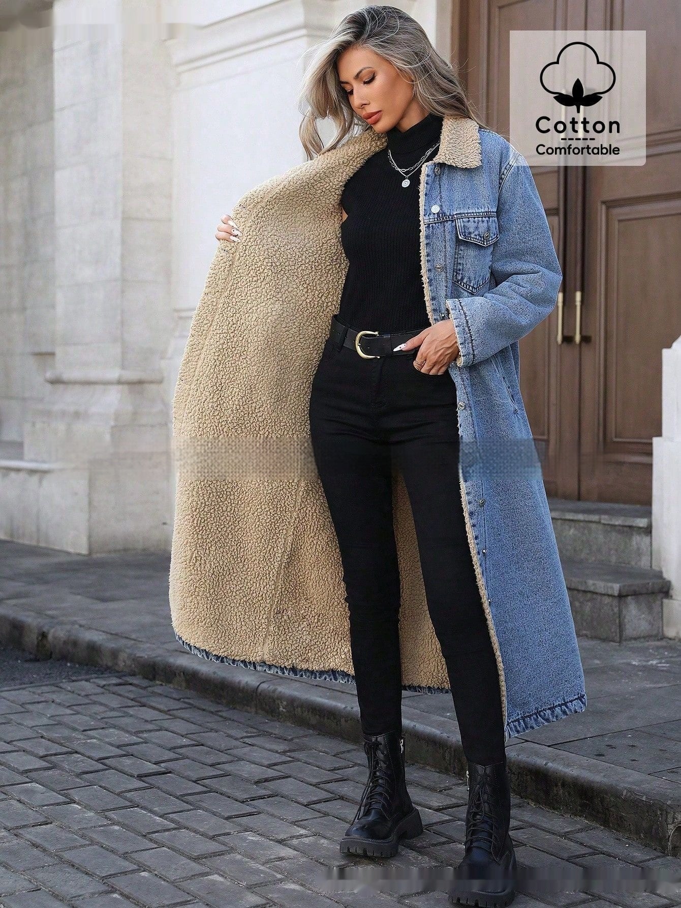 Womens Loose, Long, Fleece-lined Cotton Denim Jacket