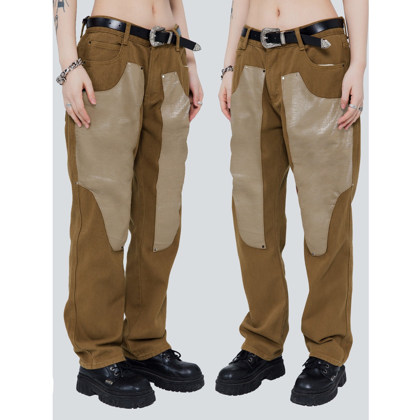 Men's Trendy Leather Patchwork Solid Color Washed Trousers