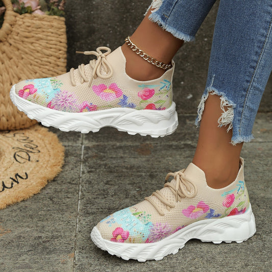 Dame sportssko med blomsterprint, gå-sneakers, afslappede, åndbare snøresko i mesh