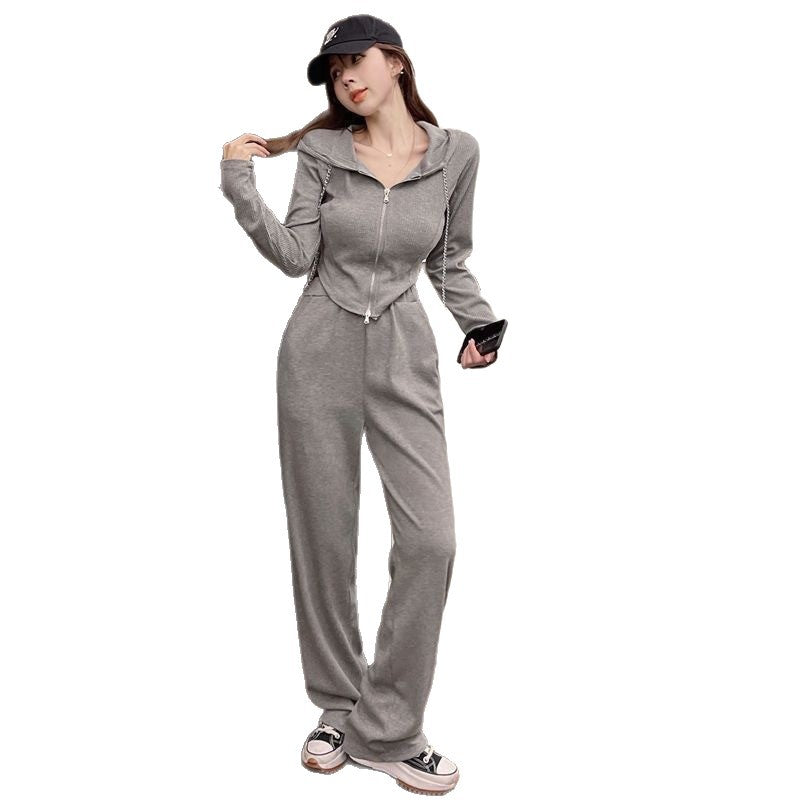 Women's Long-sleeved Sweatshirt High-waisted Casual Wide-leg Pants Two-piece Set