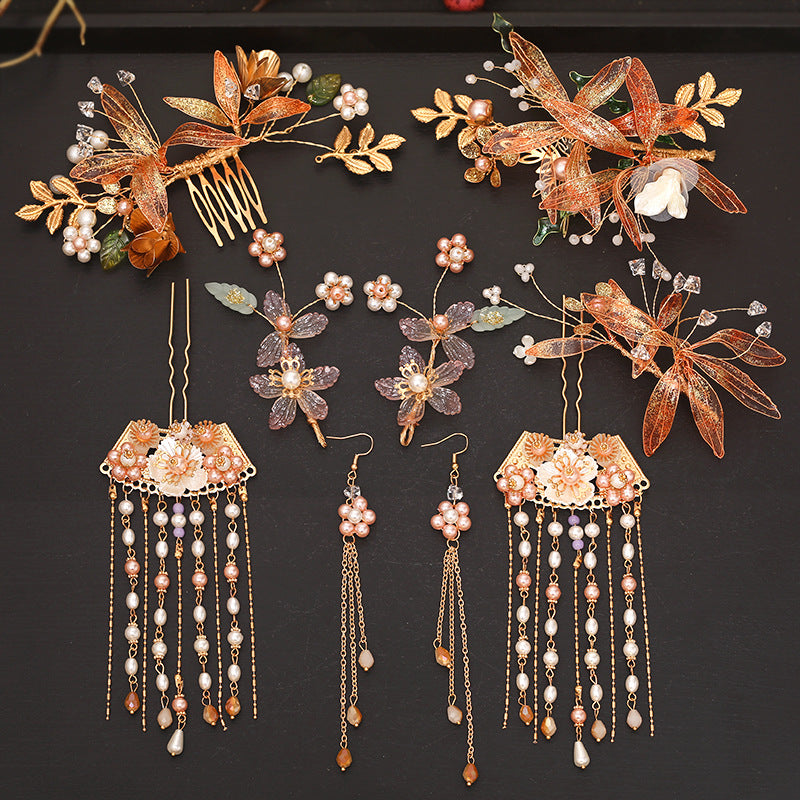 Classical Red Flower Liquid Ancient Style Headdress Fringed Hair Crown Bridal Hair Accessories