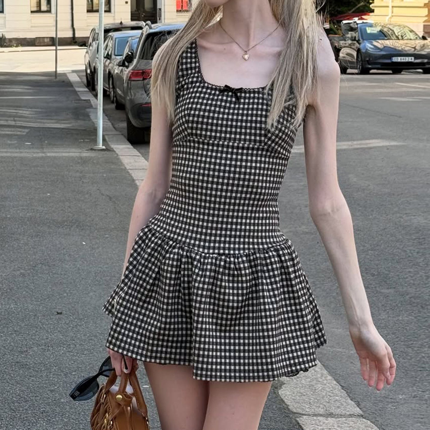 Womens Small-Plaid Square-Neck A-Line Dress
