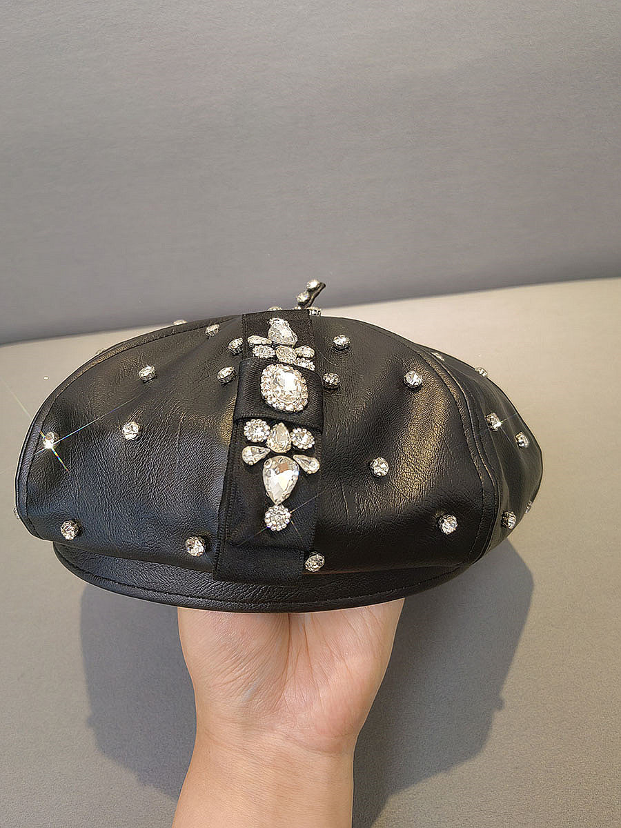 PU Leather Octagonal Hat Korean Style Rhinestone Bow Beret