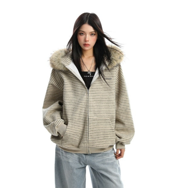 American Striped Detachable Big Fur Collar Hooded Sweater