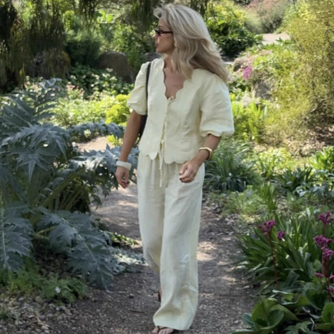 Simple Puff-sleeve Shirt And Casual Pants Set