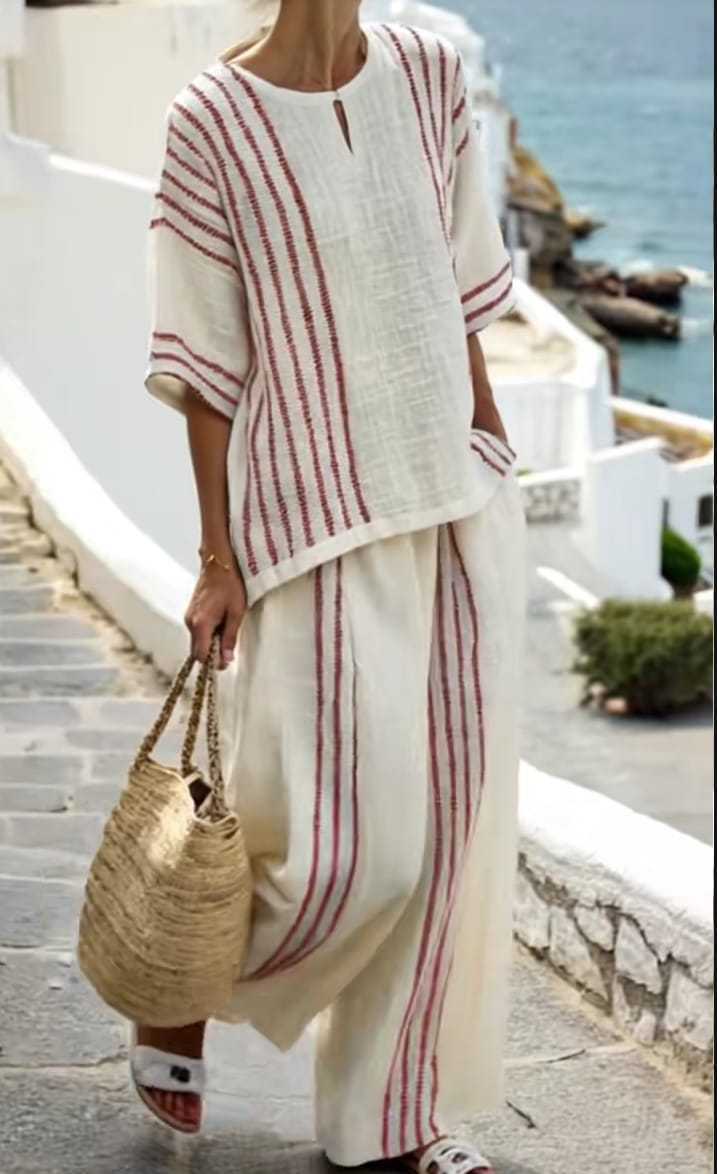 Round Neck Striped Short Sleeve Cotton And Linen Top Casual Pants Women's 2-piece Set