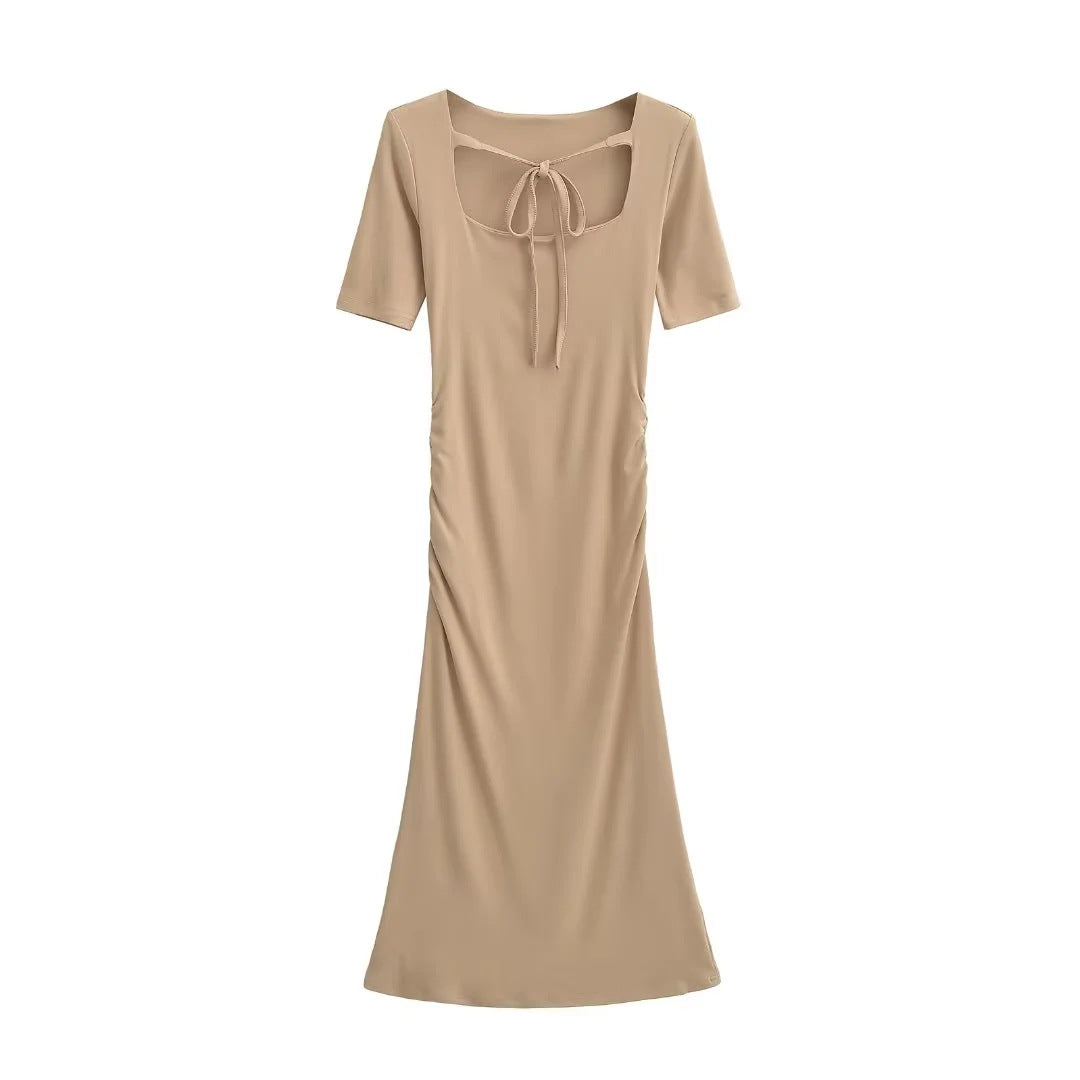 Square Neck Tie-waist Pleated Short Sleeve Dress