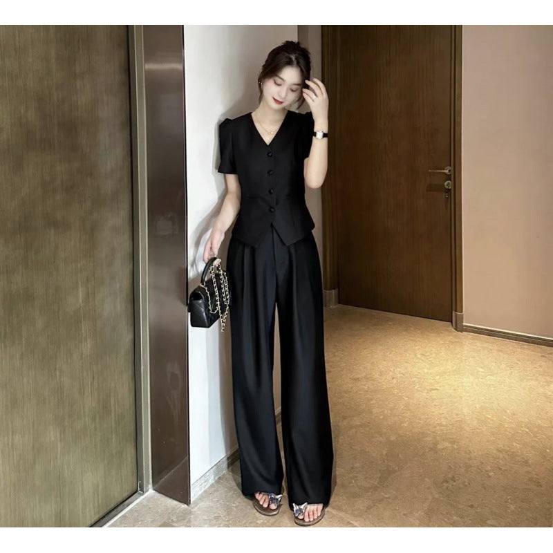 New Flattering Short Sleeve Top Casual Wide-leg Pants Two-piece Set For Women
