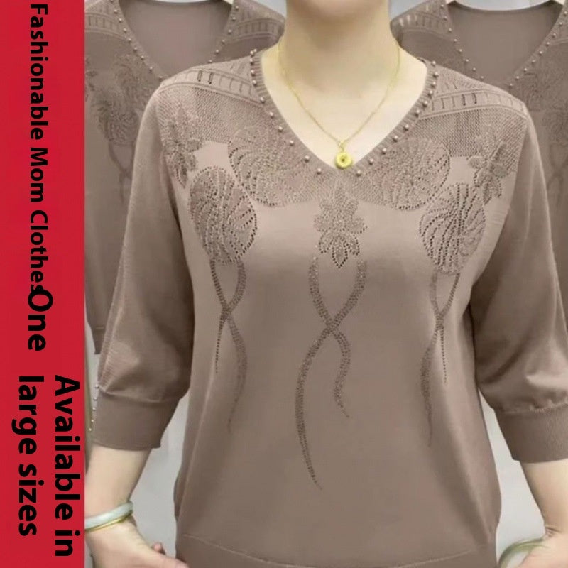 Fashion Ice Silk Sweater Three-quarter Sleeve Pullover Top For Women