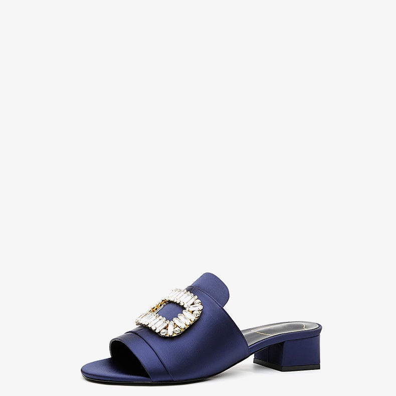 Women Sexy Open-toed Rhinestone Square Buckle Thick Heel Fashion Slippers