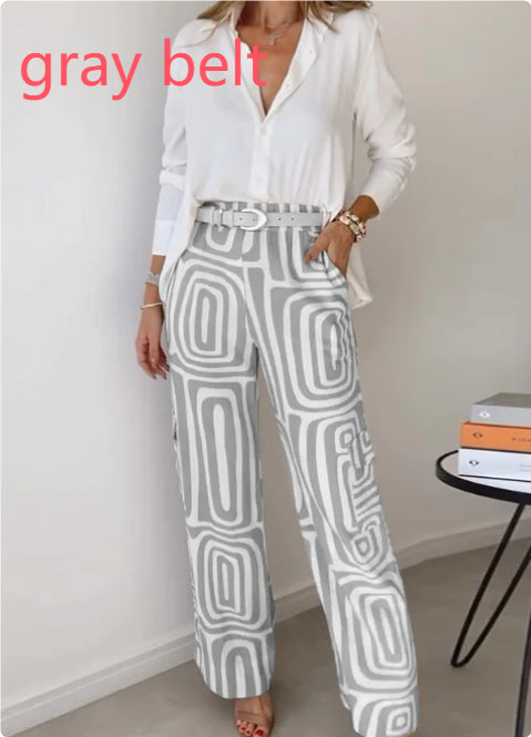 Long-sleeved Lapel Shirt Printed Wide-leg Pants Suit