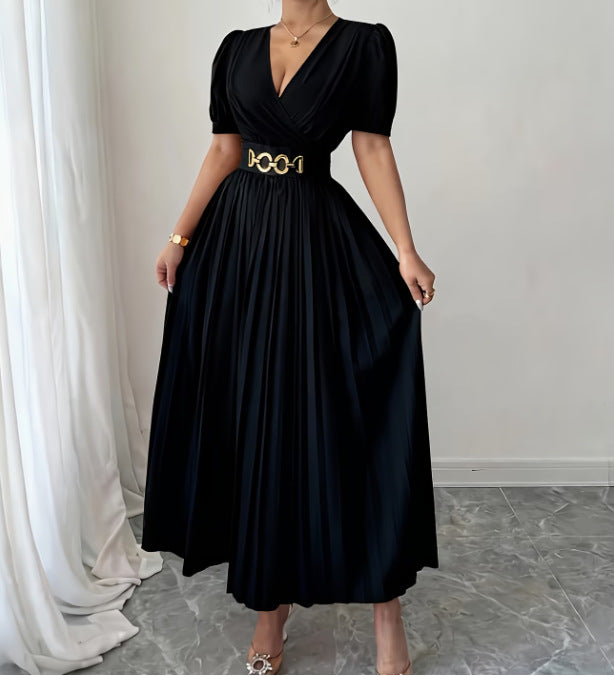 Cross V-Neck Defined Waist Slimming Puff Sleeve Patchwork Pleated Dress For Women
