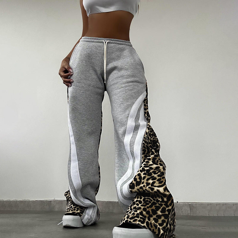 Printed Striped Color Matching High Waist Loose Trousers For Women