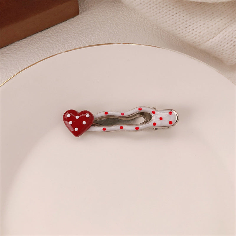 Red Stereo Love Heart-shaped Hairpin French Retro Dots Willow Leaf Clip