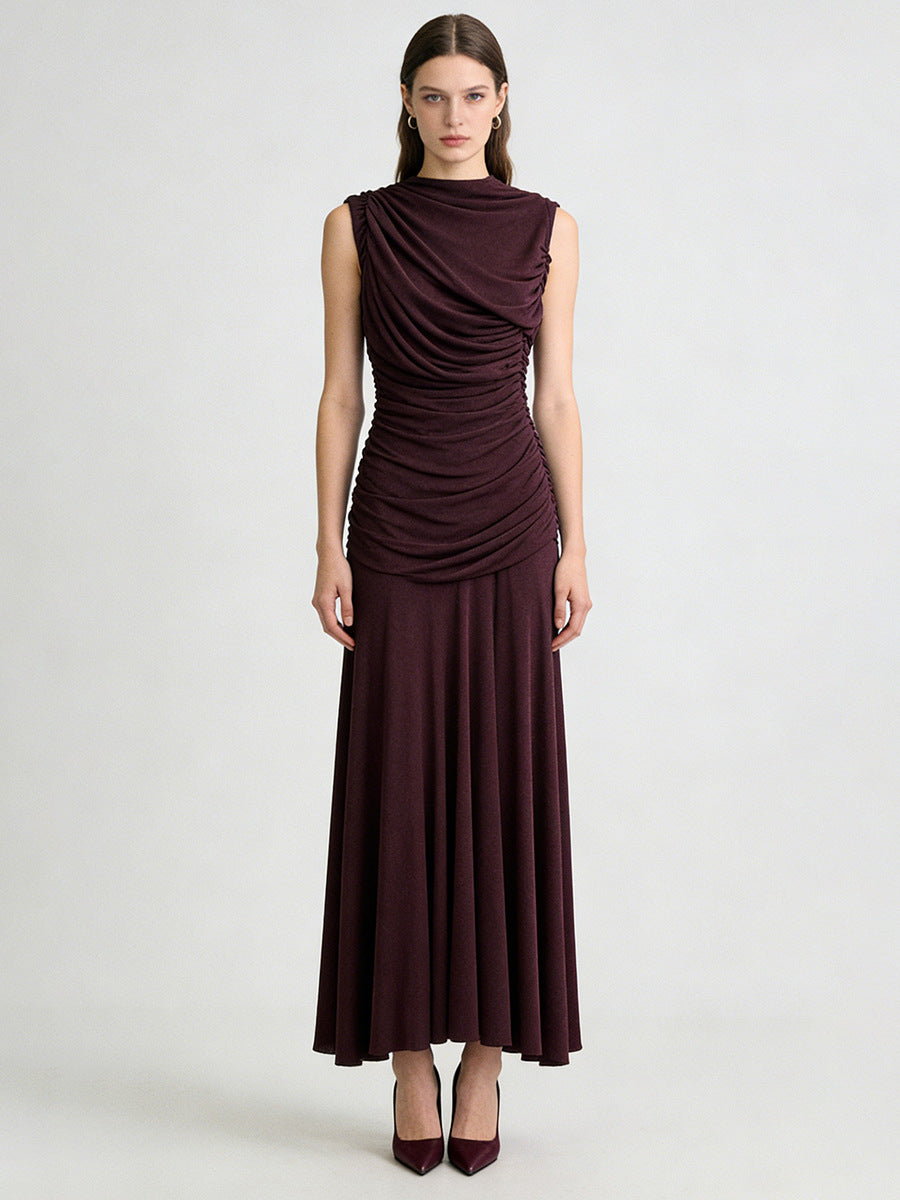 Sleeveless Turtleneck Dress With Gathered Waist