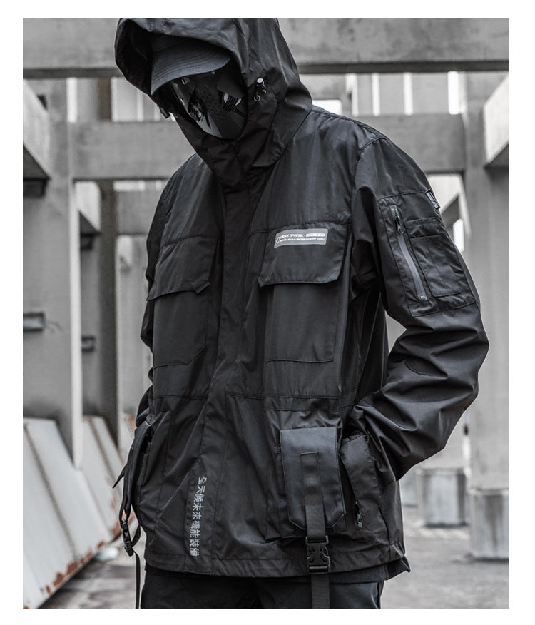 Men's Functional Loose Jacket Dark Hooded Windproof Stitching Reflective