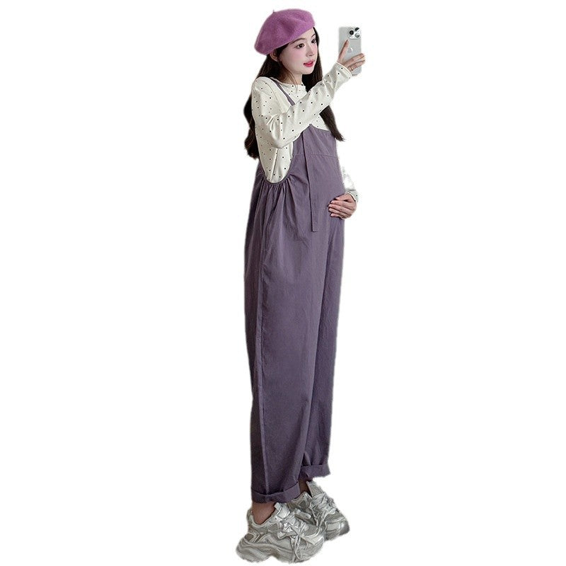 Casual Denim Suspender Pants Polka Dot Top Two-piece Set