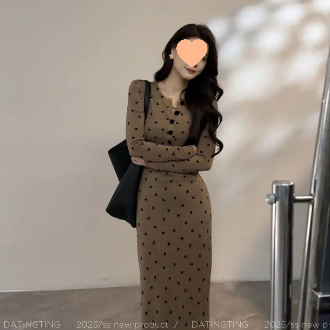 Button-up Knitted Dress Long Sleeves Bow Detail Slim-fit And Figure-flattering