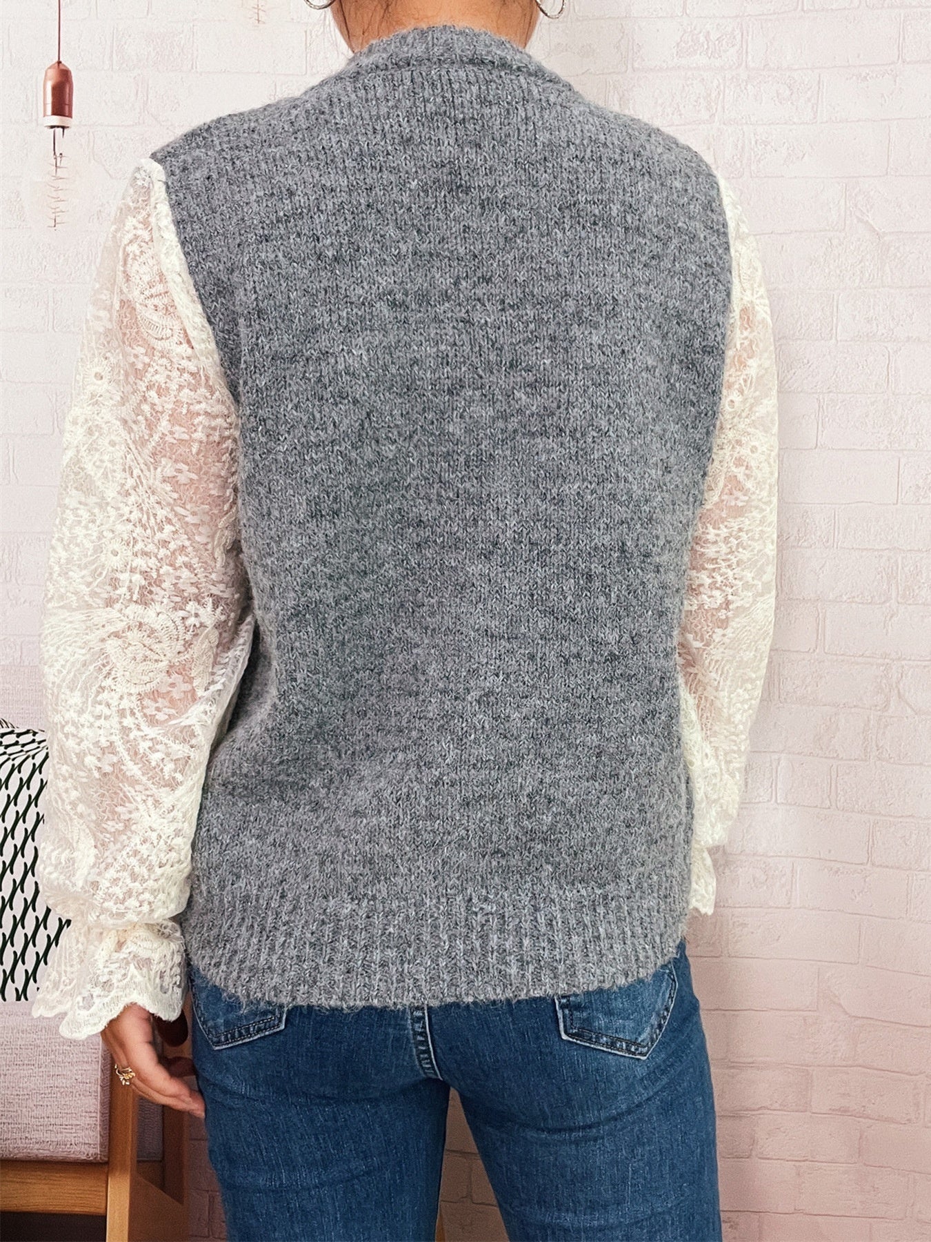 Commuter Lace Sleeves Stitching Bow Knitted Button Sweater Cardigan