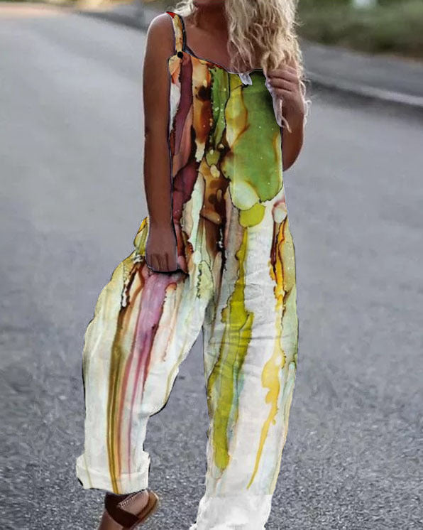 Printed Suspenders Casual Jumpsuit Beach Pants