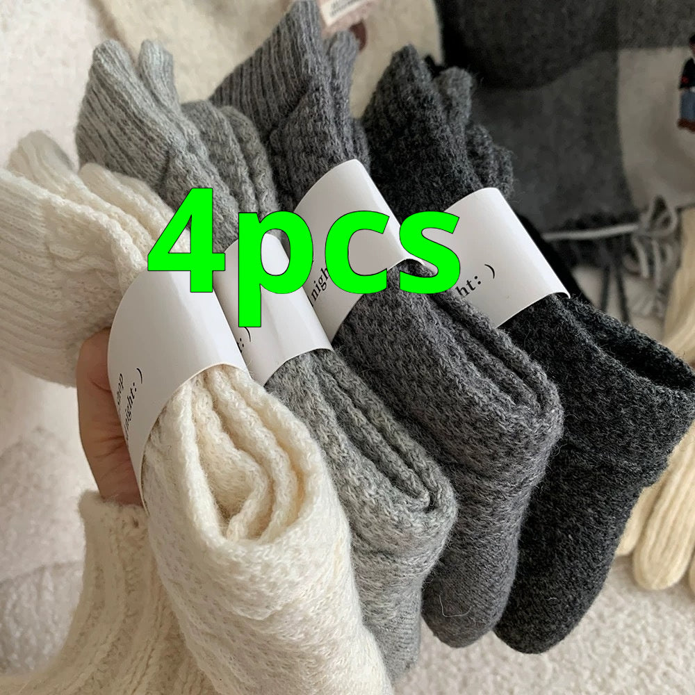 Womens Cable-Knit Wool-Blend Thickened Fleece-Lined Plush Warm Sleep Socks For Winter