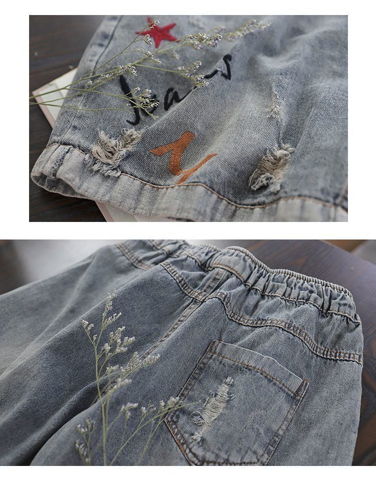 Elastic Waist Ripped Embroidered Vintage Straight Pants