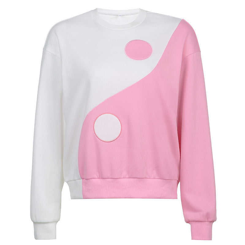 Dame patchwork-sweatshirt med rund hals og lange ærmer i kontrastfarver