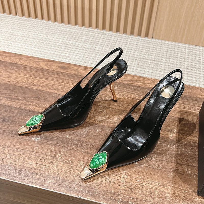 Gem Square Toe Stiletto Heel Hollow High Heel Shoes
