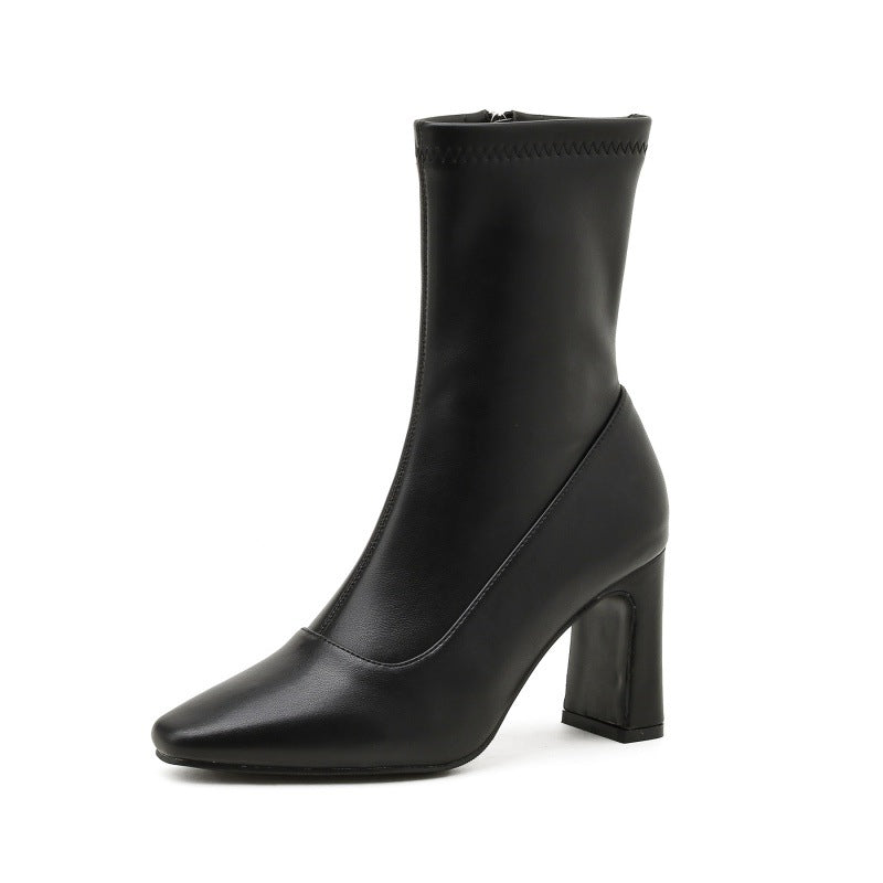 Women's But Knee Square Toe High-heeled High-tube Mid-tube Thick-heeled Short-tube Elastic Boots