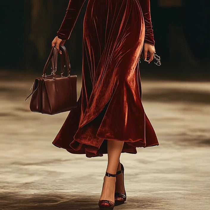 Stylish Off-shoulder Solid-color Velvet Midi Dress With Long Sleeves For Parties