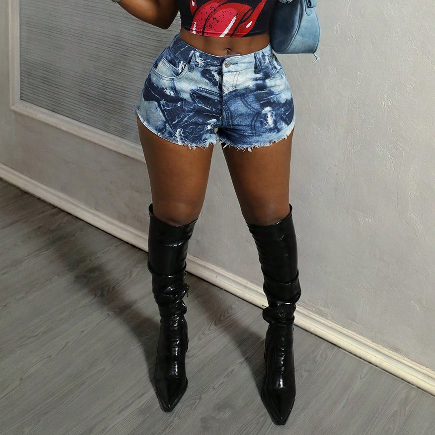 Skinny Printed Mid-rise Denim Shorts