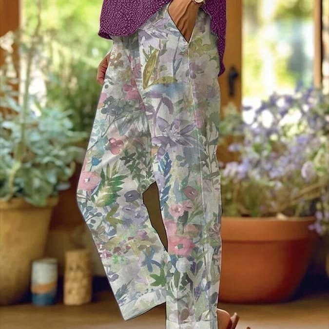 Digital Flower Printing Rag-eared Casual Pants