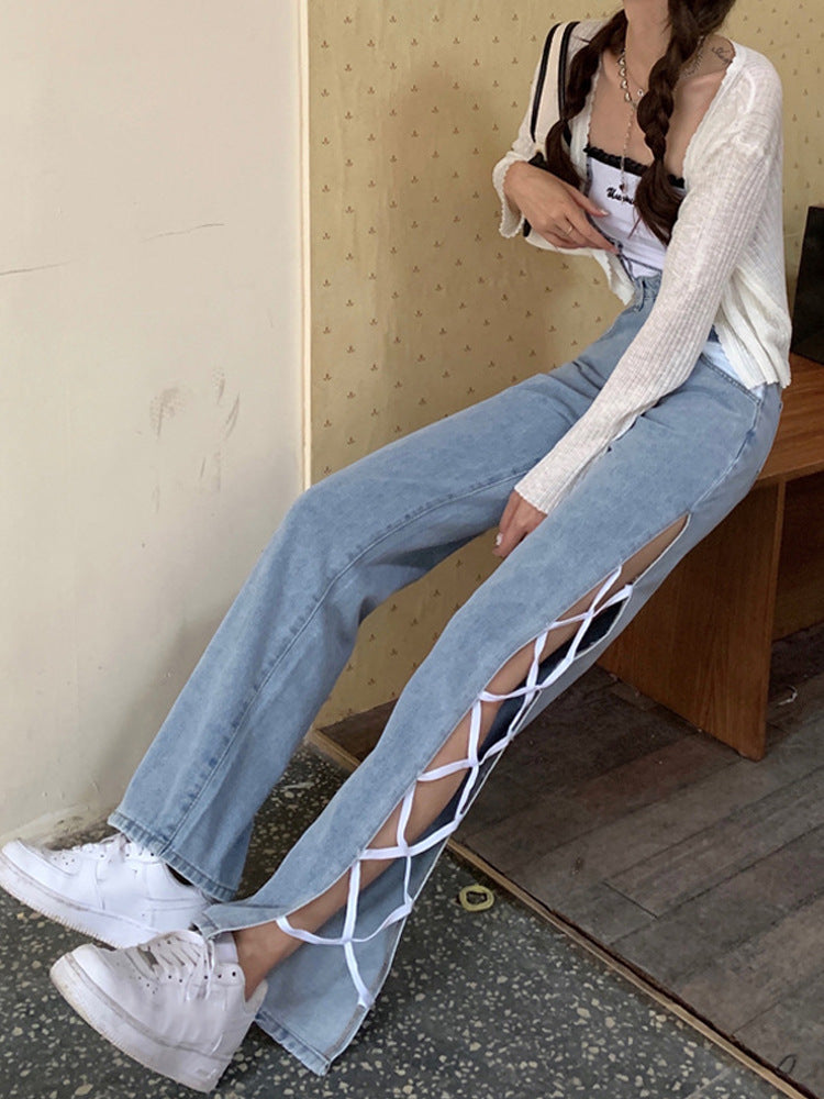 Side Slit Irregular High Waist Strappy Jeans Women's Spring Korean Style