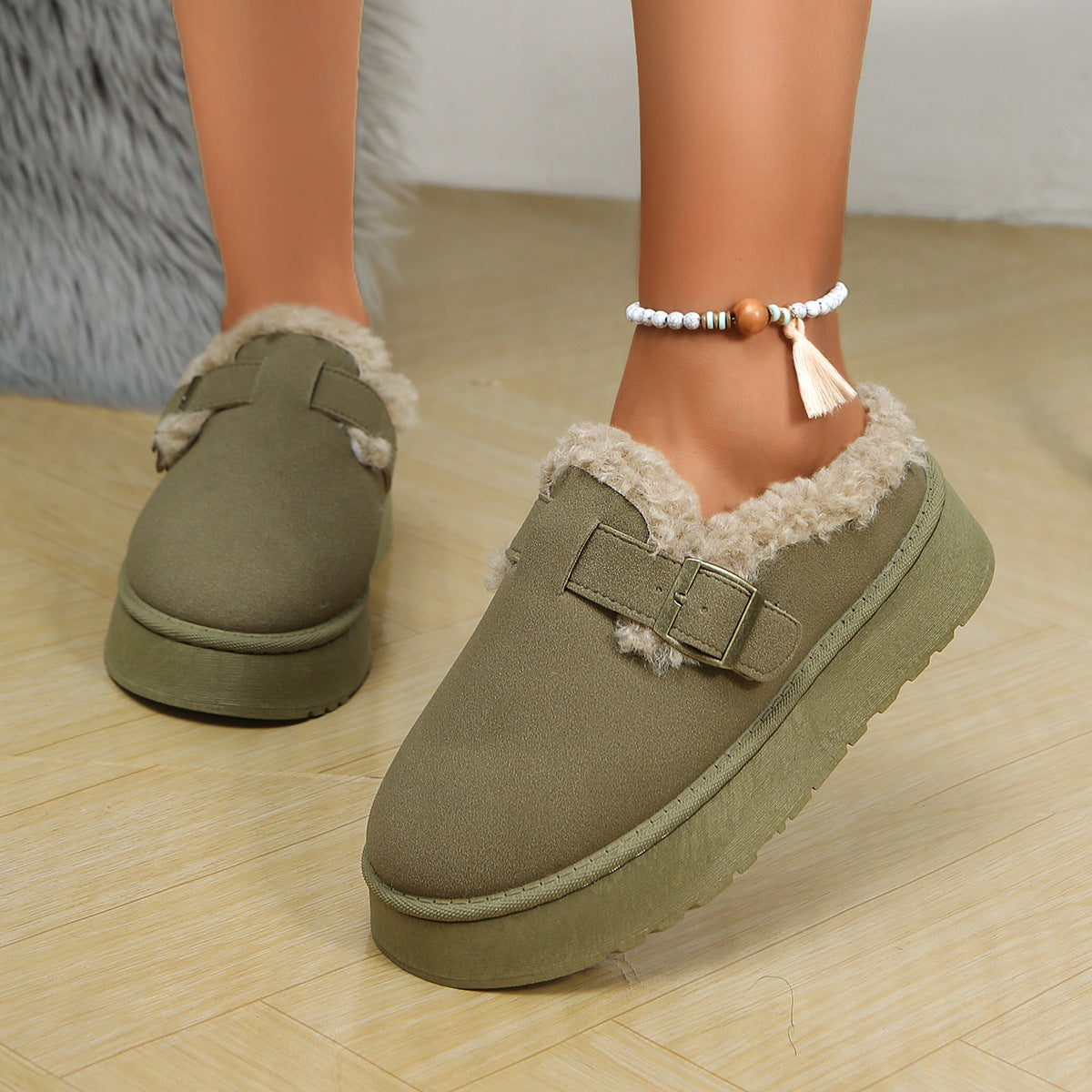 Platform Fluffy Shoes Round Head Warm With Velvet Casual Cotton-padded Shoes