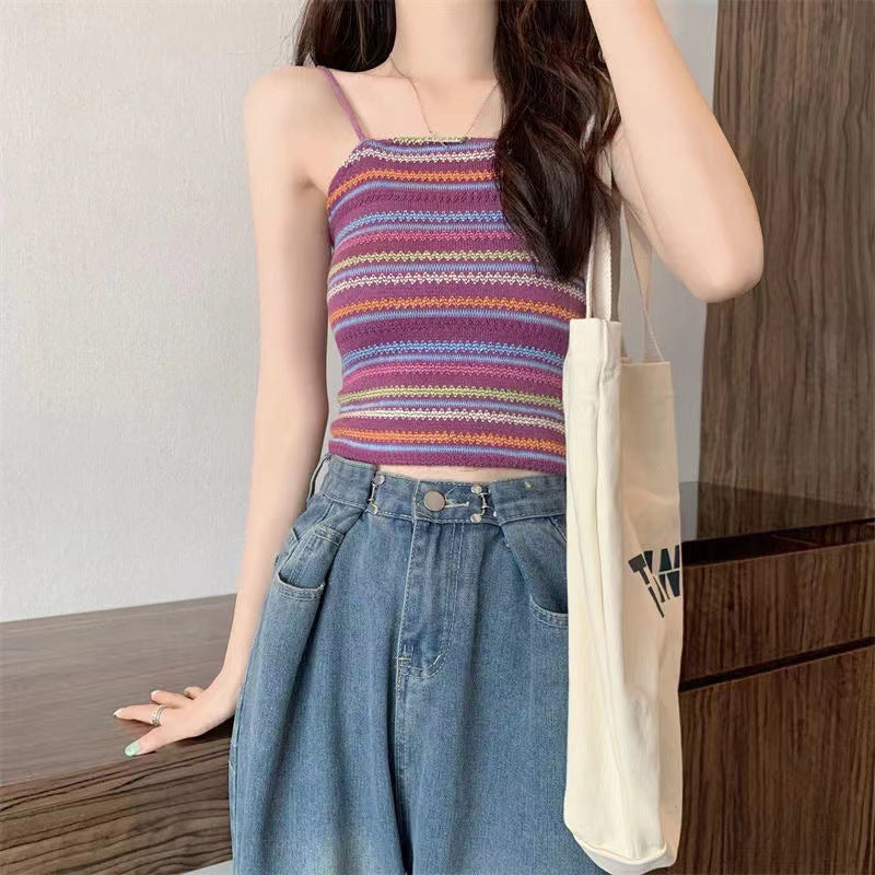 Colorful Striped Knitted Small Suspender Women's Vest