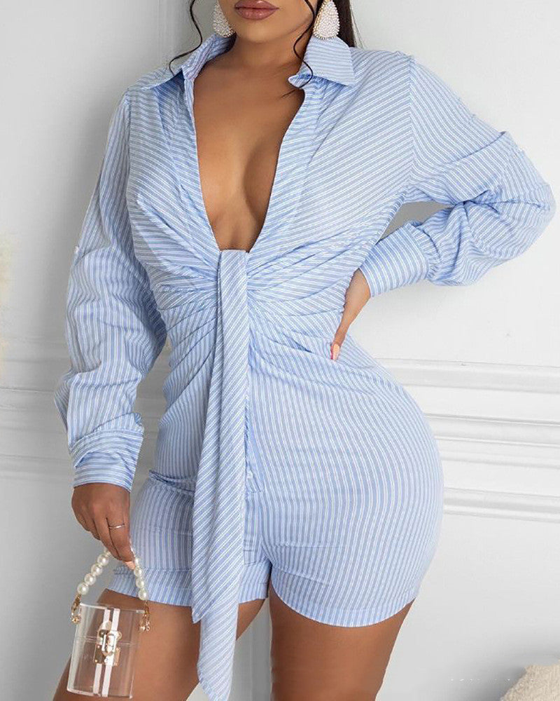 Blue Striped Long Sleeve Deep V Tie Bodysuit