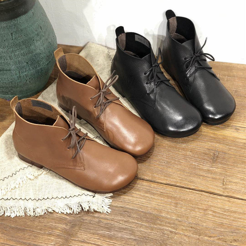 Artistic Handmade Leather Short Boots, Retro Sen Women's Lace Round Head