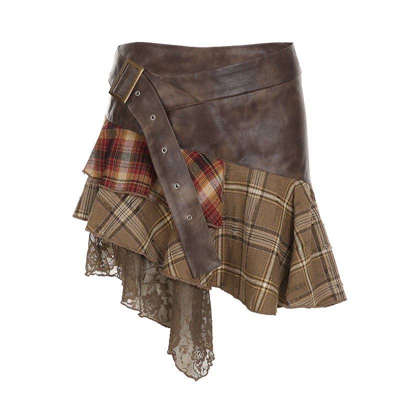 Retro Irregular Plaid Color Contrast Patchwork Skirt New